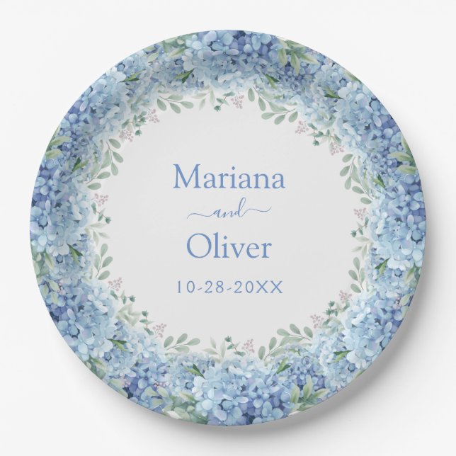 Assiettes En Carton Blue Hydrangeas aquarelle Floral Mariage (Devant)