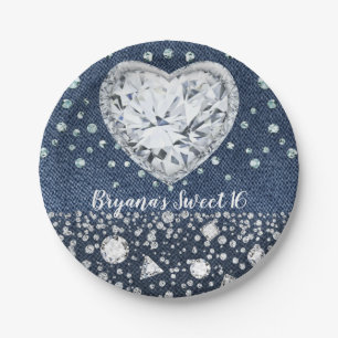 Assiettes En Carton Blue Jean Denim & Diamonds Bling Diamond Heart