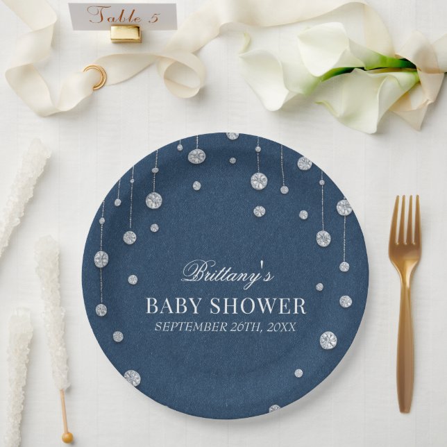 Assiettes En Carton Blue Jean Denim et Diamond Baby shower (Mariage)
