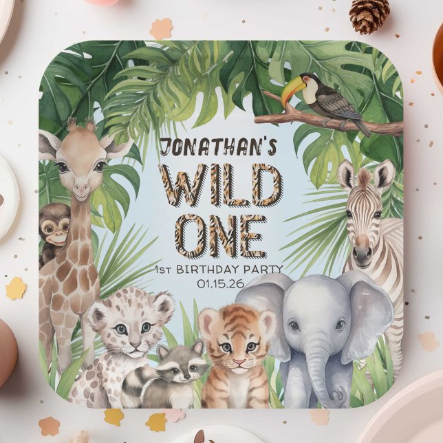 Assiettes En Carton Blue Jungle animaux sauvages un Safari thématique (WIld one , Square birthday paper plate)