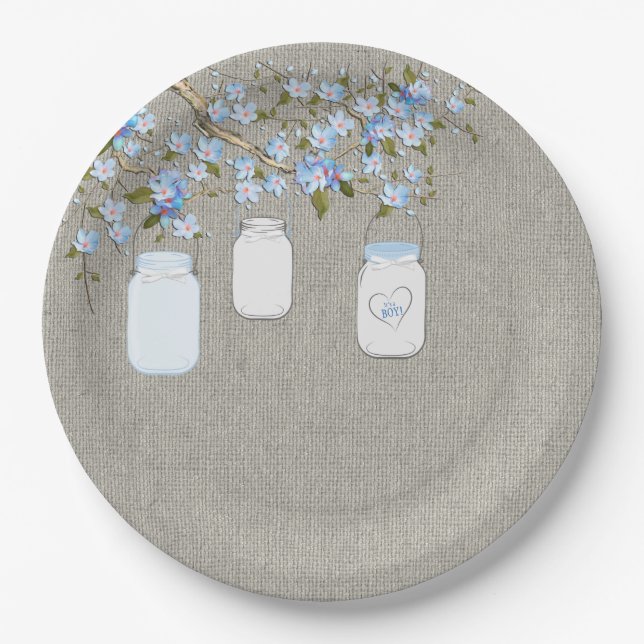 Assiettes En Carton Blue Mason Jar Burlap Boys Baby shower (Devant)