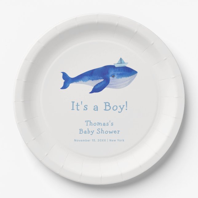 Assiettes En Carton Blue Modern Boy Under the Sea Whale Baby shower (Devant)