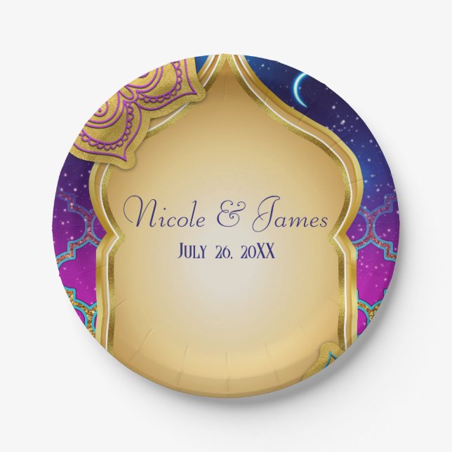 Assiettes En Carton Blue Moon Arabe Nights Glam Gold Purple Mariage (Devant)