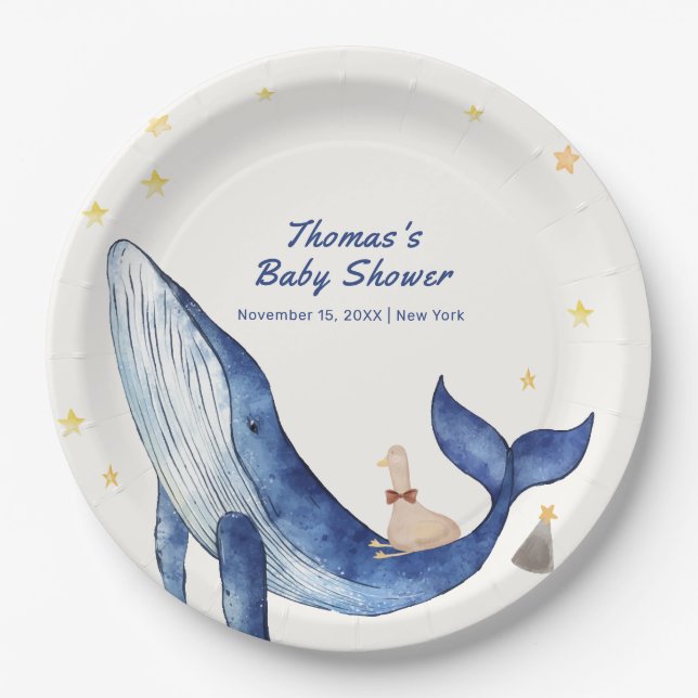 Assiettes En Carton Blue Ocean Whimsical Duck Stars Baby shower balein (Devant)