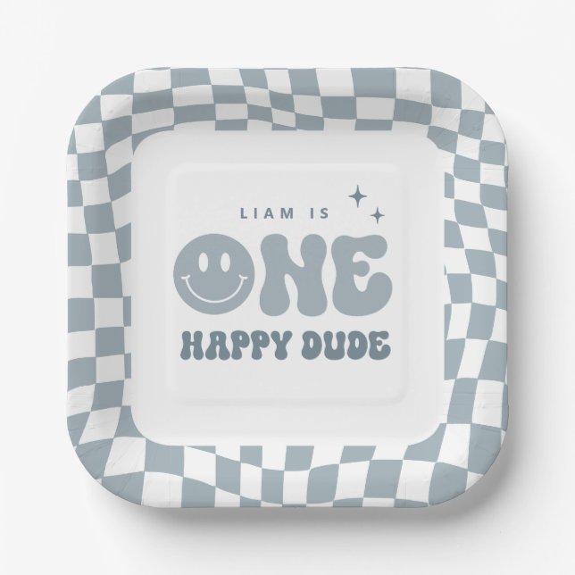 Assiettes En Carton Blue ONE Happy Dude Fête d'anniversaire Plaques (Recto)