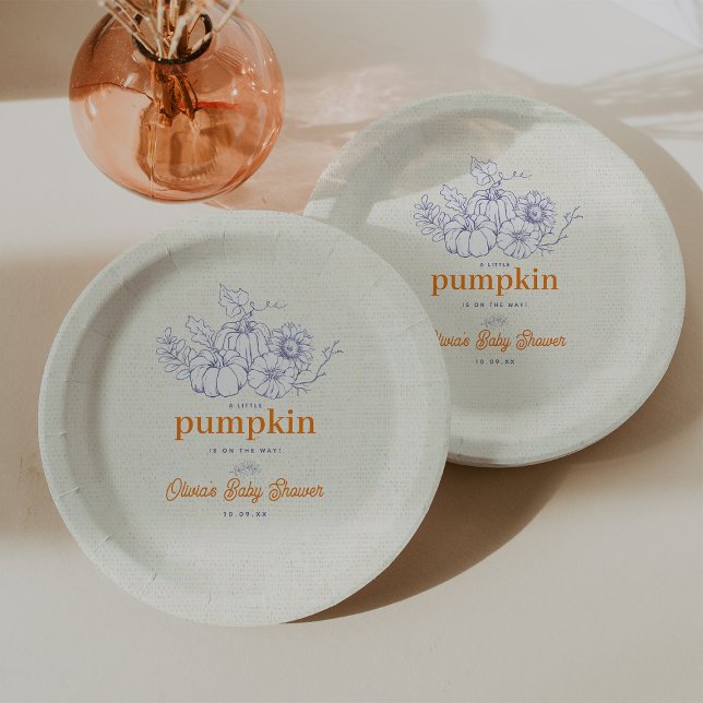Assiettes En Carton Blue Orange Burlap Petit Baby shower Citrouille (Blue Orange Burlap Little Pumpkin Baby Shower Paper Plates)