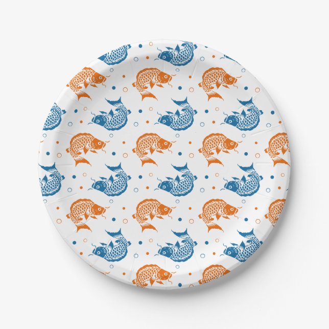 Assiettes En Carton Blue Orange Summer Japonais Koi Fish (Devant)