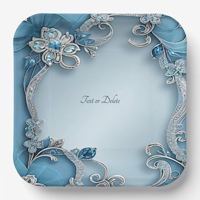 Assiettes En Carton Blue Ornate Floral Paper Plate (Recto)