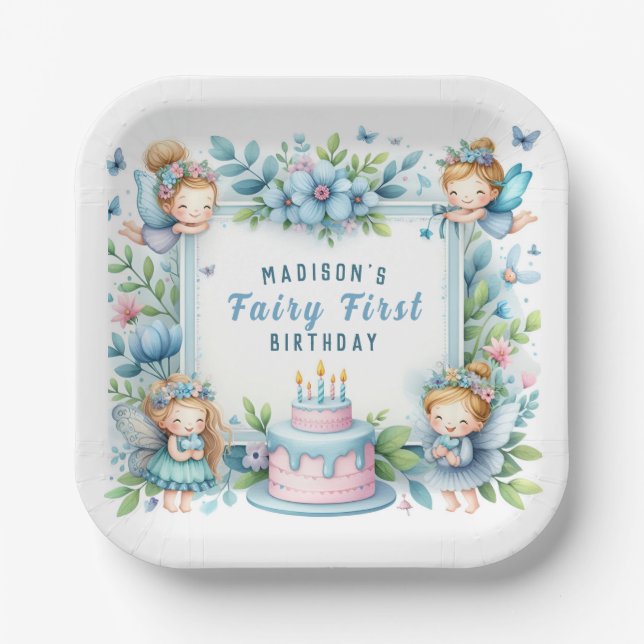 Assiettes En Carton Blue Pastel Floral Fairy First Birday - (Recto)