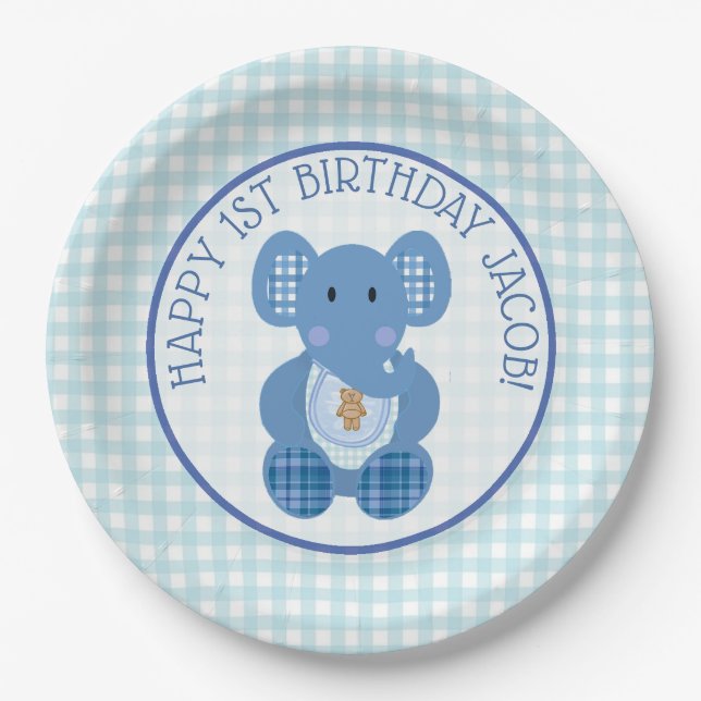 Assiettes En Carton Blue Plaid Elephant Happy 1er Anniversaire Plaque (Devant)