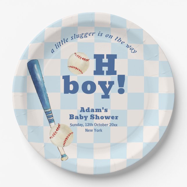 Assiettes En Carton Blue Plaid Little Slugger Baseball Baby Shower  (Devant)