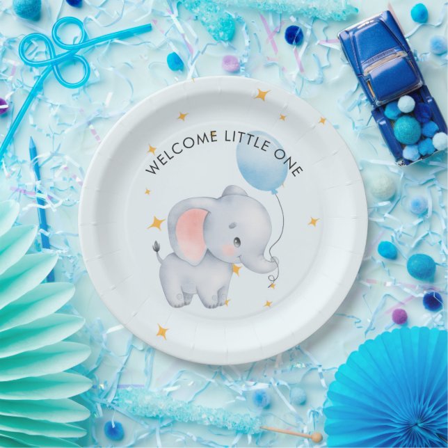 Assiettes En Carton Blue Playful Elephants Baby Shower (Fête)