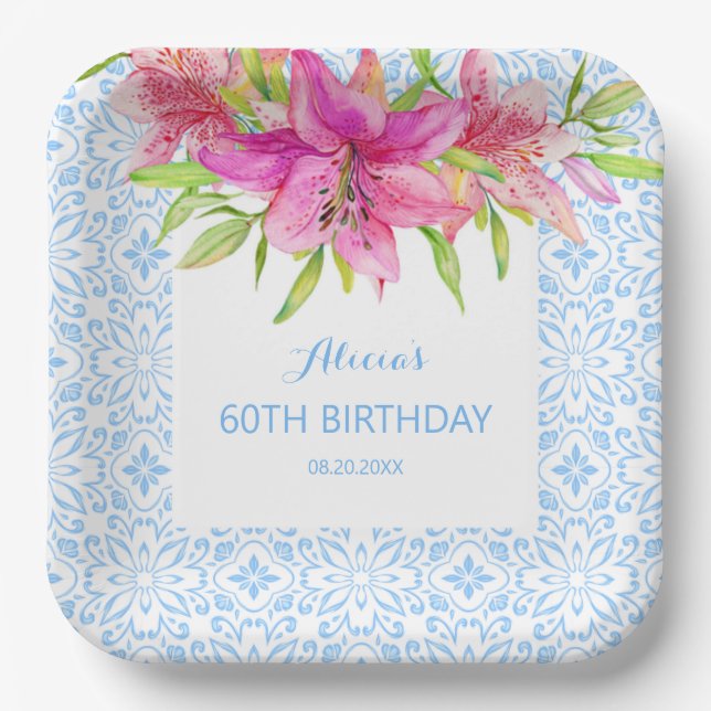 Assiettes En Carton Blue Portugais Azulejo Tiles Lily Anniversaire (Recto)