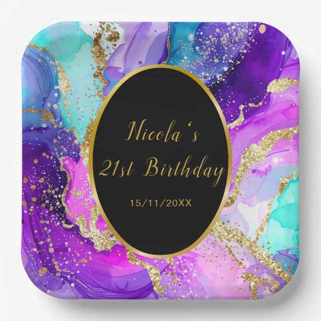 Assiettes En Carton Blue, Purple and Gold Ink Birthday Party (Recto)