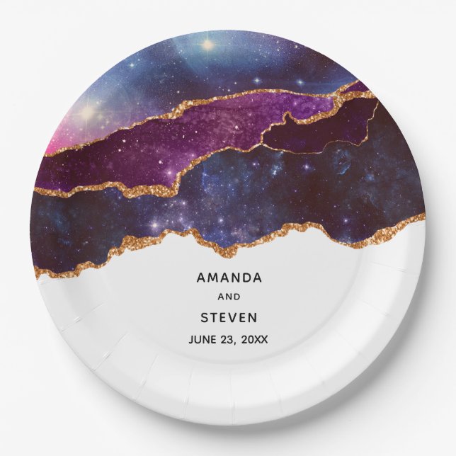 Assiettes En Carton Blue & Purple Space & Stars Moderne Agate Mariage (Devant)