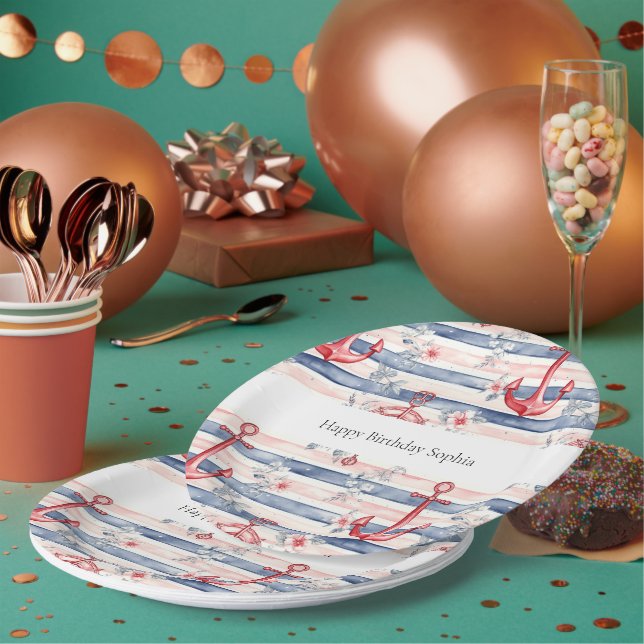 Assiettes En Carton Blue Red Anchors Floral Stripes Beach Birthday (Multi)