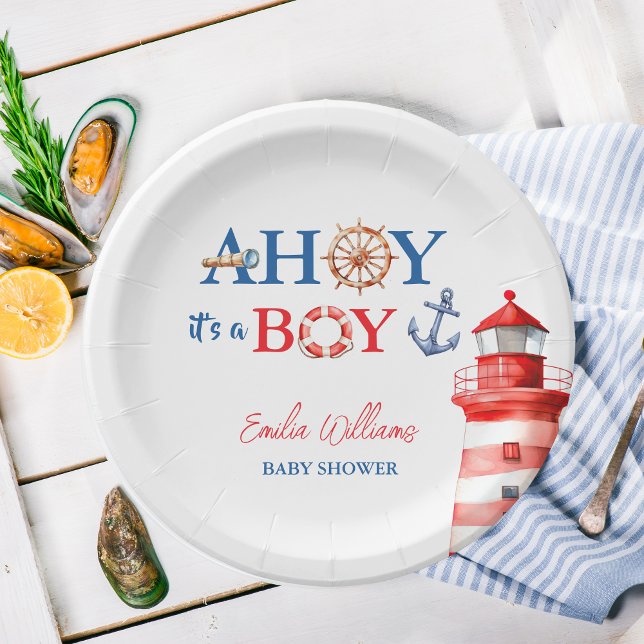 Assiettes En Carton Blue Red Nautical Ahoy Boy Lighthouse Baby Shower (Créateur téléchargé)