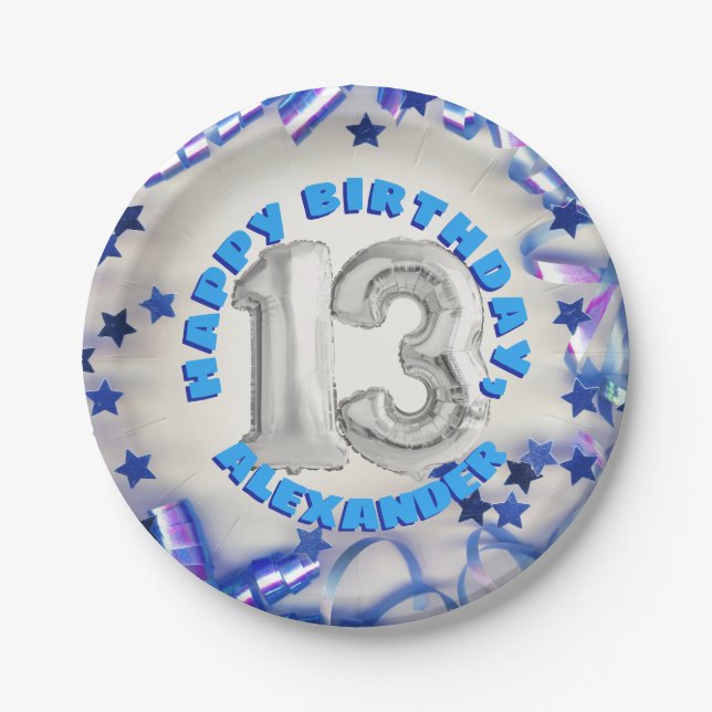 Assiettes En Carton Blue Ribbon & Stars Confetti 13e anniversaire (Devant)