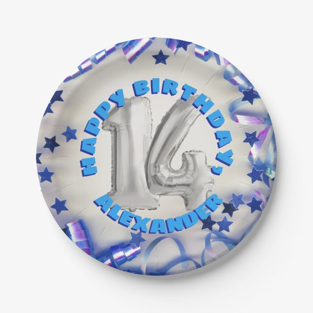 Assiettes En Carton Blue Ribbon & Stars Confetti 14e anniversaire (Devant)