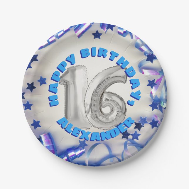 Assiettes En Carton Blue Ribbon & Stars Confetti 16e anniversaire (Devant)