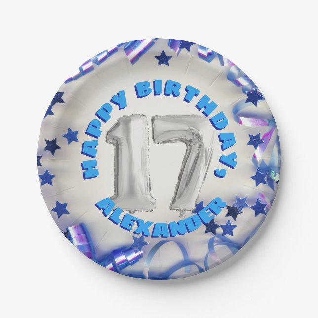 Assiettes En Carton Blue Ribbon & Stars Confetti 17e anniversaire (Devant)