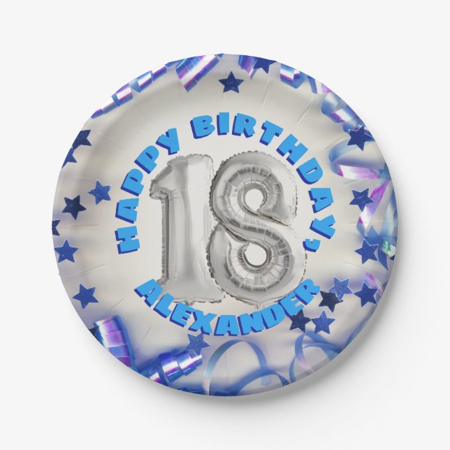 Assiettes En Carton Blue Ribbon & Stars Confetti 18e anniversaire (Devant)