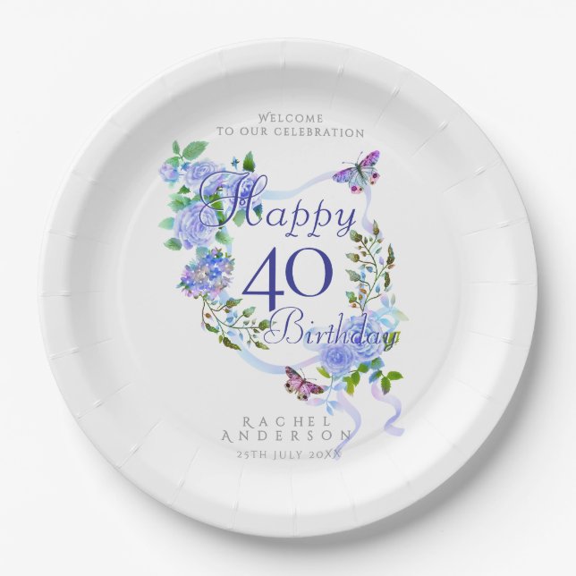 Assiettes En Carton Blue Rose Ribbon 40th Birthday (Devant)
