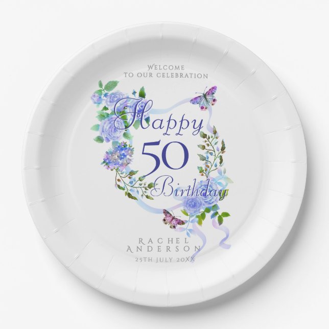 Assiettes En Carton Blue Rose Ribbon 50th Birthday (Devant)