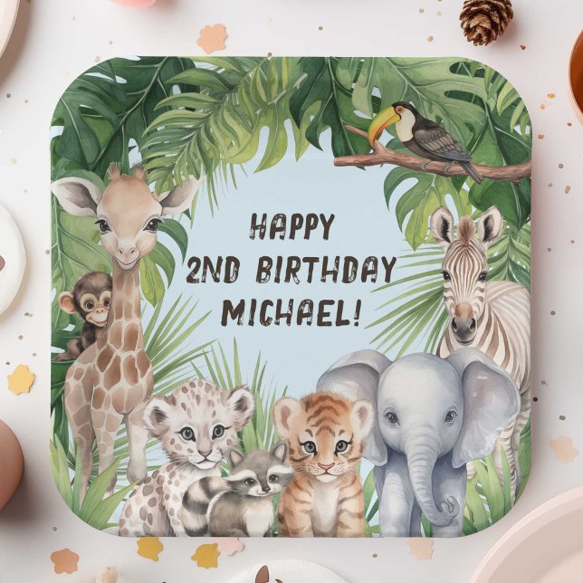 Assiettes En Carton Blue Safari Animal Thémé bébé garçon 2e anniversai (Blue Two Wild Boy 2nd Birthday party paper plates, Safari Themed Jungle animals birthday plate.)
