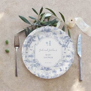 Assiettes En Carton Blue Safari Toile de Jouy   Baby shower