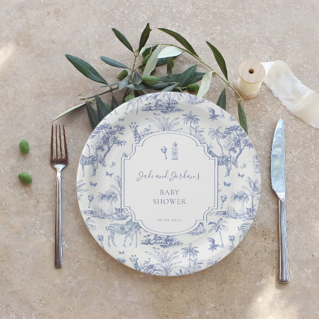 Assiettes En Carton Blue Safari Toile de Jouy | Baby shower (Créateur téléchargé)