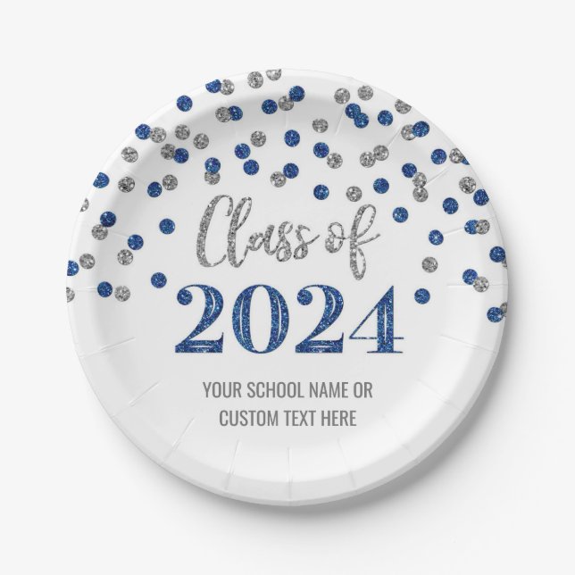 Assiettes En Carton Blue Silver Confetti Graduation 2024 (Devant)