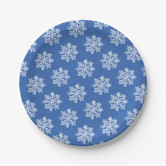 Assiettes En Carton Blue Snowflake Winter Pattern Christmas Holiday  (Devant)