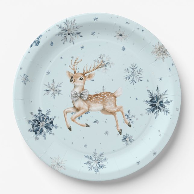 Assiettes En Carton Blue Snowflakes Christmas Deer with Bow (Devant)