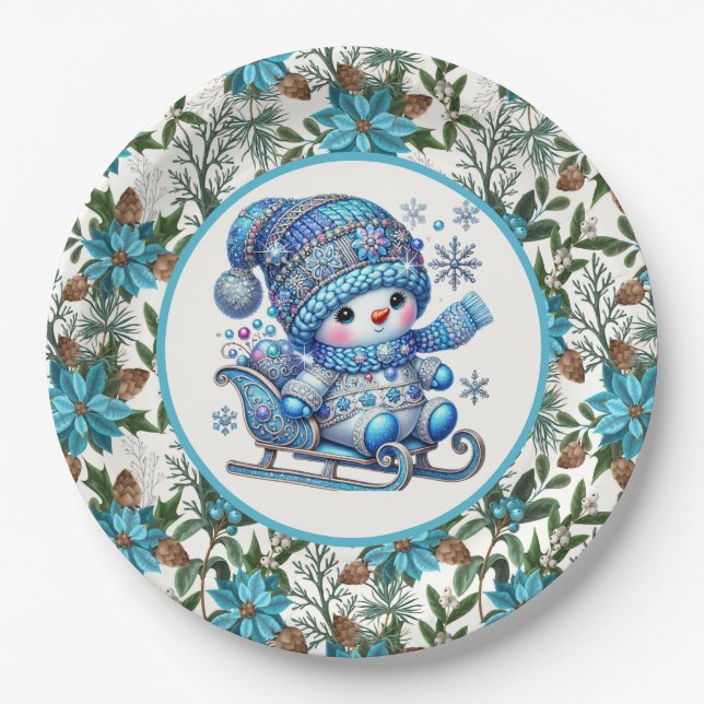 Assiettes En Carton Blue Snowman (Devant)