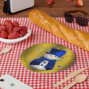 Assiettes En Carton Blue Snowman sur Gold Christmas