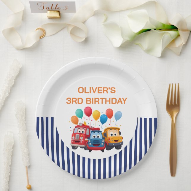 Assiettes En Carton Blue Striped Truck Birthday Theme (Mariage)