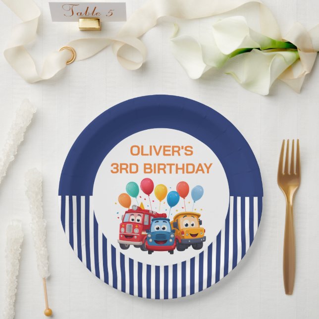 Assiettes En Carton Blue Striped Truck Birthday Theme (Mariage)