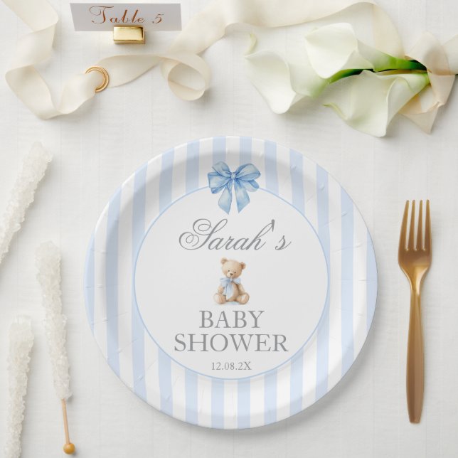 Assiettes En Carton Blue Stripes Bear Baby Shower (Mariage)