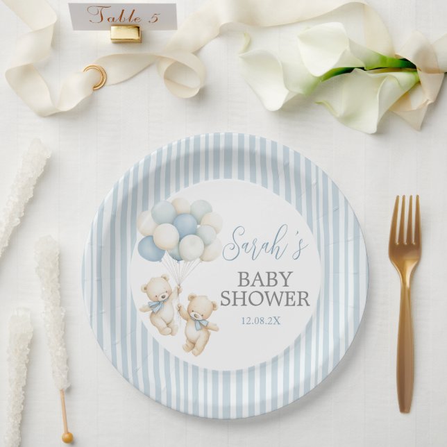 Assiettes En Carton Blue Stripes Twins Bears Baby Shower (Mariage)