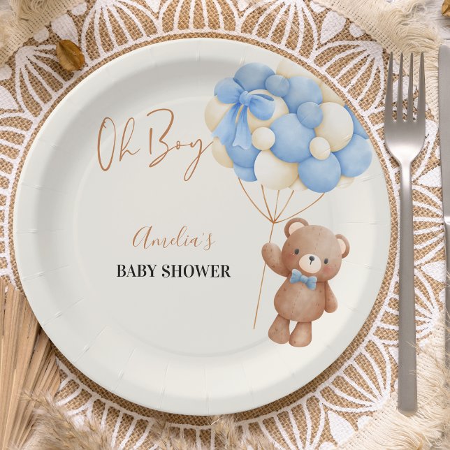 Assiettes En Carton Blue Teddy Bear Oh Boy Baby shower Balloon (Créateur téléchargé)