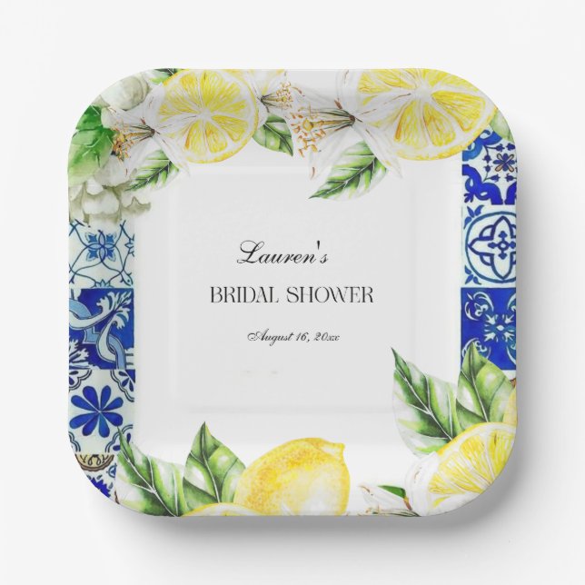Assiettes En Carton Blue Tile Lemon Italian Bridal Shower  (Recto)