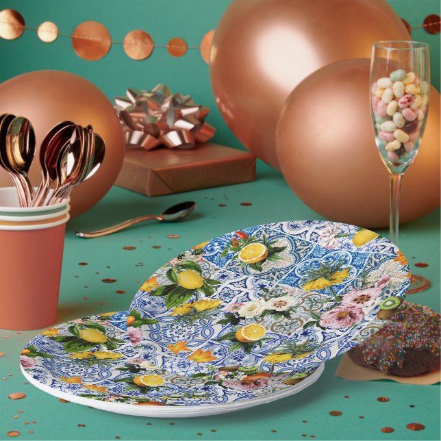 Assiettes En Carton Blue Tiles Mediterranean Pattern (Multi)