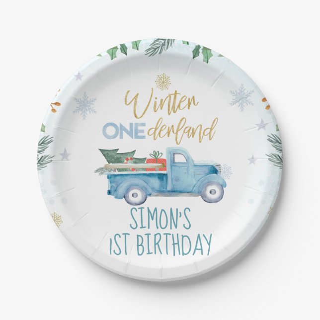 Assiettes En Carton Blue Truck Winter Onederland Anniversaire (Devant)