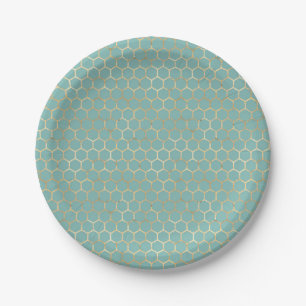 Assiettes En Carton Blue Turquoise Honeycomb Gold Parties scintillant