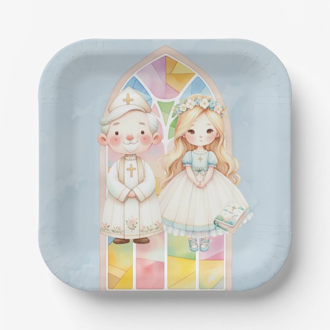 Assiettes En Carton Blue Watercolor Girl 1st. Communion (Recto)