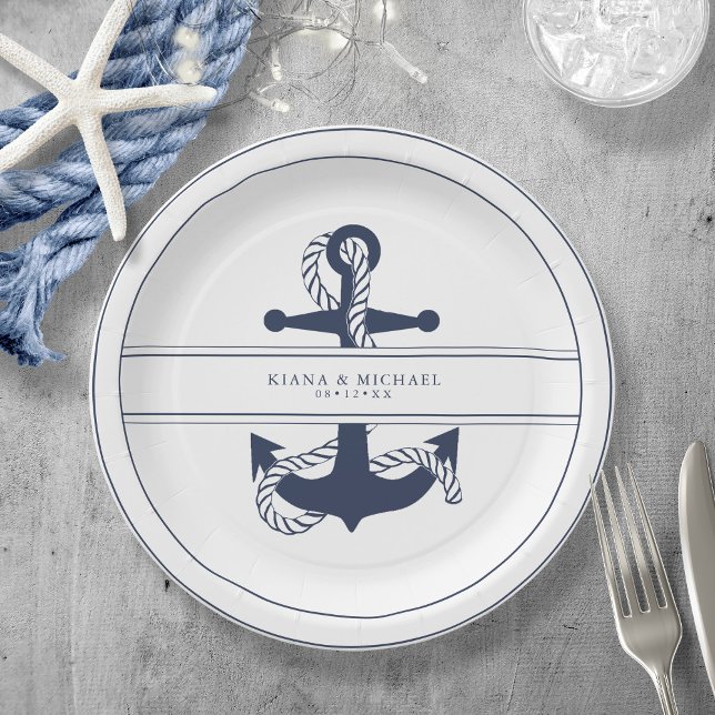 Assiettes En Carton Blue Wave Ancre Mariage V2 Navy/Wht ID836 (Créateur téléchargé)
