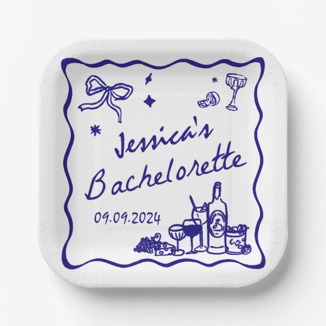 Assiettes En Carton Blue Whimsical Beach Bachelorette Party (Recto)