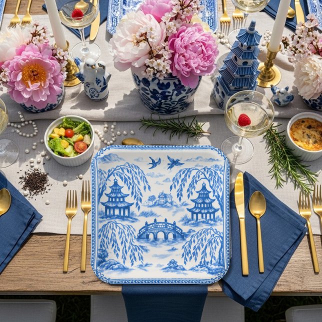 Assiettes En Carton Blue white faux porcelain chinoiserie willow (Blue white faux porcelain chinoiserie willow paper plates)