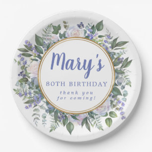 Assiettes En Carton Blue White Floral 80e fête d'anniversaire